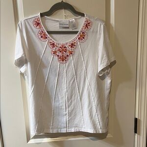 Alfred Dunner White Short Sleeve Tee with Pink and Orange Embellished Neckline